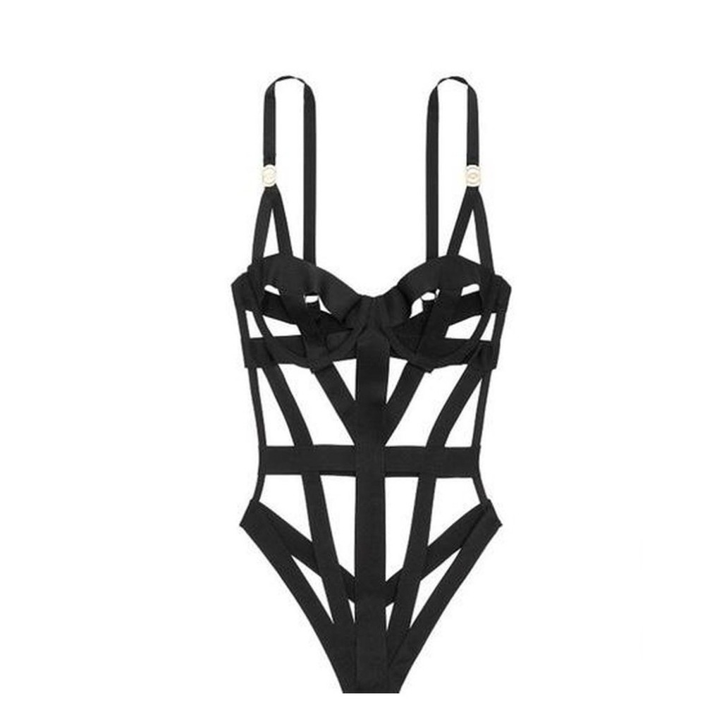 Victorias Secret Black Strappy Cage Teddy Bodysuit Underwire XS Lingerie Bondage
